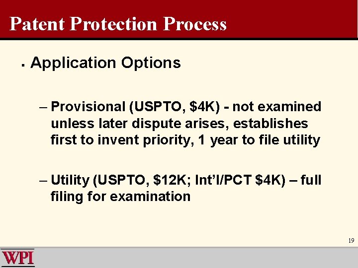 Patent Protection Process § Application Options – Provisional (USPTO, $4 K) - not examined