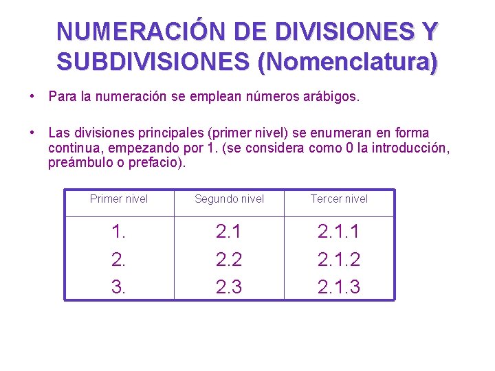 NUMERACIÓN DE DIVISIONES Y SUBDIVISIONES (Nomenclatura) • Para la numeración se emplean números arábigos.