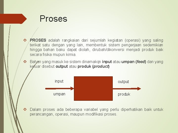 Proses PROSES adalah rangkaian dari sejumlah kegiatan (operasi) yang saling terikat satu dengan yang