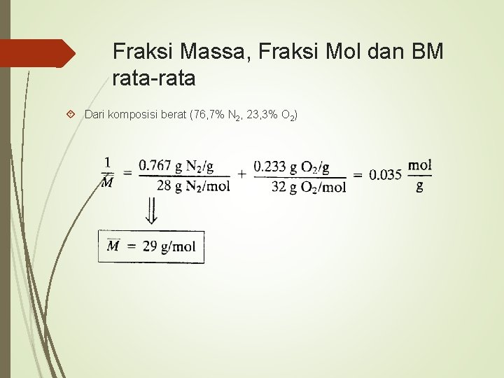 Fraksi Massa, Fraksi Mol dan BM rata-rata Dari komposisi berat (76, 7% N 2,