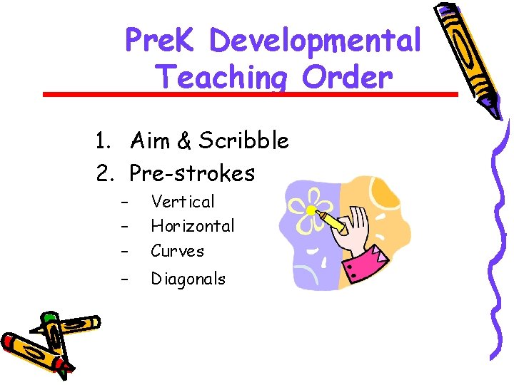 Pre. K Developmental Teaching Order 1. Aim & Scribble 2. Pre-strokes – – –