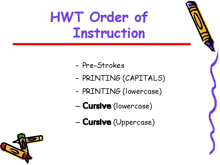 HWT Order of Instruction – Pre-Strokes – PRINTING (CAPITALS) – PRINTING (lowercase) – Cursive