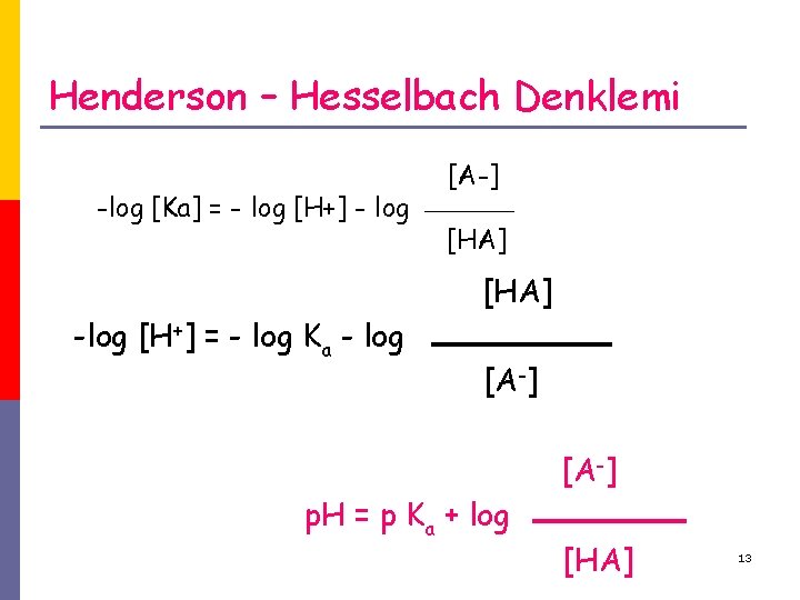 Henderson – Hesselbach Denklemi -log [Ka] = - log [H+] - log [A-] [HA]