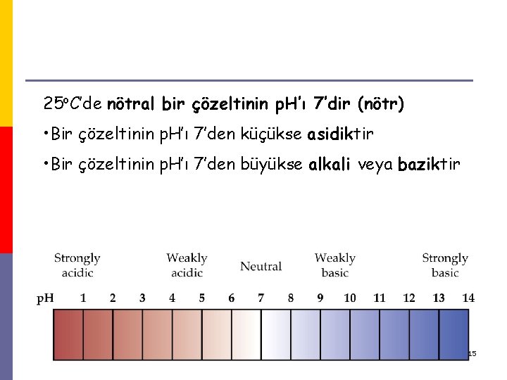 25 o. C’de nötral bir çözeltinin p. H’ı 7’dir (nötr) • Bir çözeltinin p.