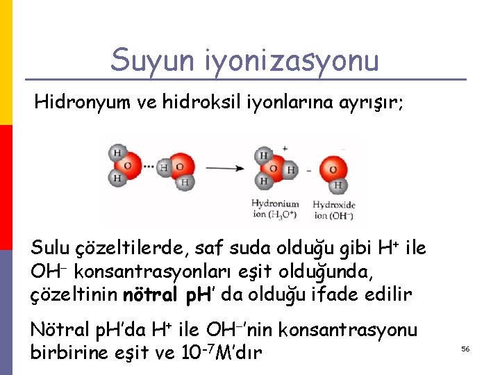 Suyun iyonizasyonu Hidronyum ve hidroksil iyonlarına ayrışır; Sulu çözeltilerde, saf suda olduğu gibi H+ Suyun iyonizasyonu Hidronyum ve hidroksil iyonlarına ayrışır; Sulu çözeltilerde, saf suda olduğu gibi H+