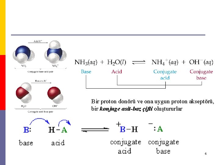 Bir proton donörü ve ona uygun proton akseptörü, bir konjuge asit-baz çifti oluştururlar 6