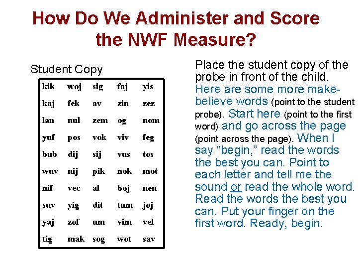 How Do We Administer and Score the NWF Measure? Student Copy kik woj sig