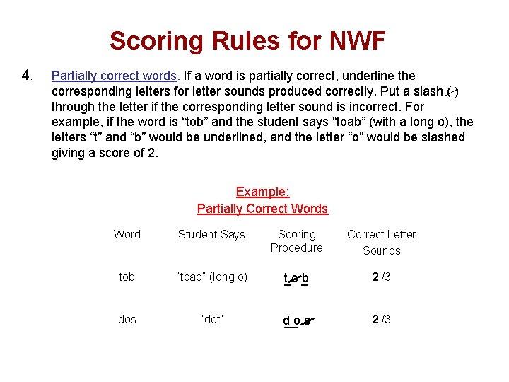 Scoring Rules for NWF 4. Partially correct words. If a word is partially correct,