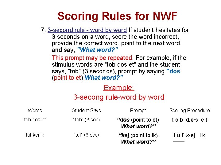 Scoring Rules for NWF 7. 3 -second rule - word by word If student