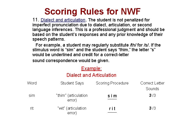 Scoring Rules for NWF 11. Dialect and articulation. The student is not penalized for