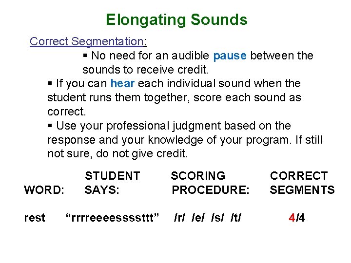 Elongating Sounds Correct Segmentation: § No need for an audible pause between the sounds