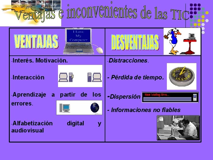 -Interés. Motivación. -Distracciones. -Interacción -Aprendizaje - Pérdida de tiempo. a partir de los errores.