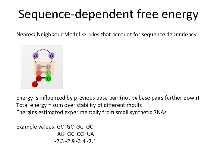 Sequence-dependent free energy Nearest Neighbour Model -> rules that account for sequence dependency Energy