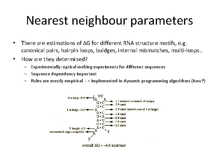 Nearest neighbour parameters • There are estimations of ∆G for different RNA structure motifs,
