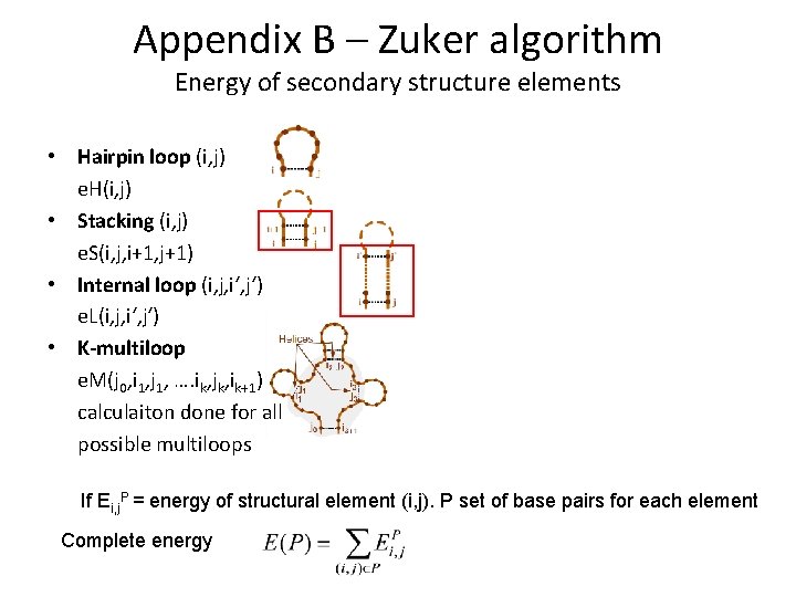 Appendix B – Zuker algorithm Energy of secondary structure elements • Hairpin loop (i,