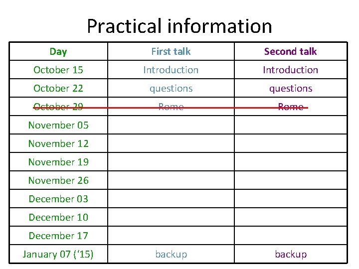 Practical information Day First talk Second talk October 15 Introduction October 22 questions October