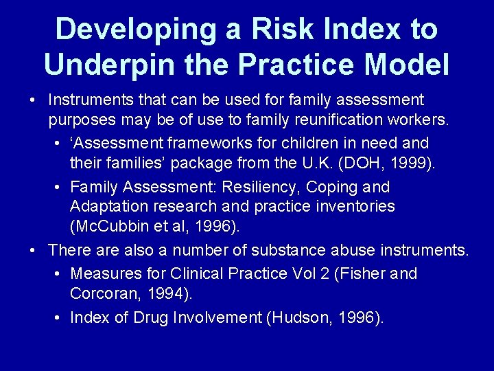 Developing a Risk Index to Underpin the Practice Model • Instruments that can be