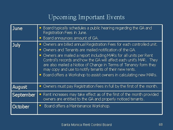 Upcoming Important Events June • Board typically schedules a public hearing regarding the GA