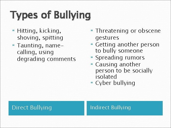 Types of Bullying Hitting, kicking, shoving, spitting Taunting, namecalling, using degrading comments Direct Bullying