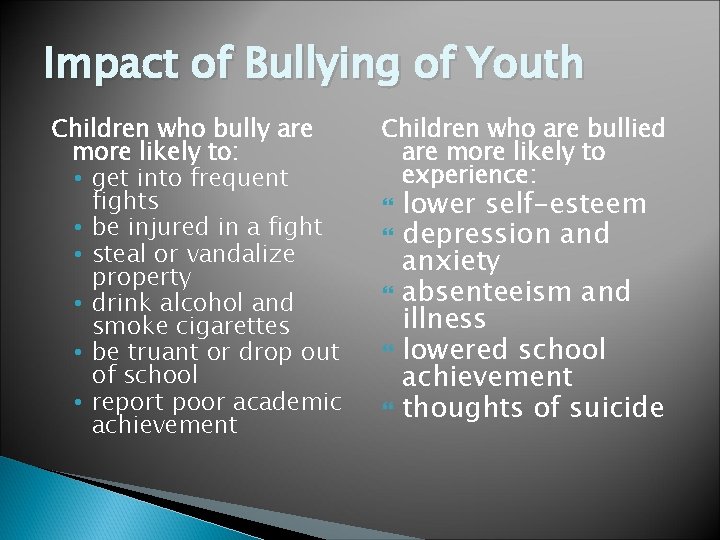 Impact of Bullying of Youth Children who bully are more likely to: • get