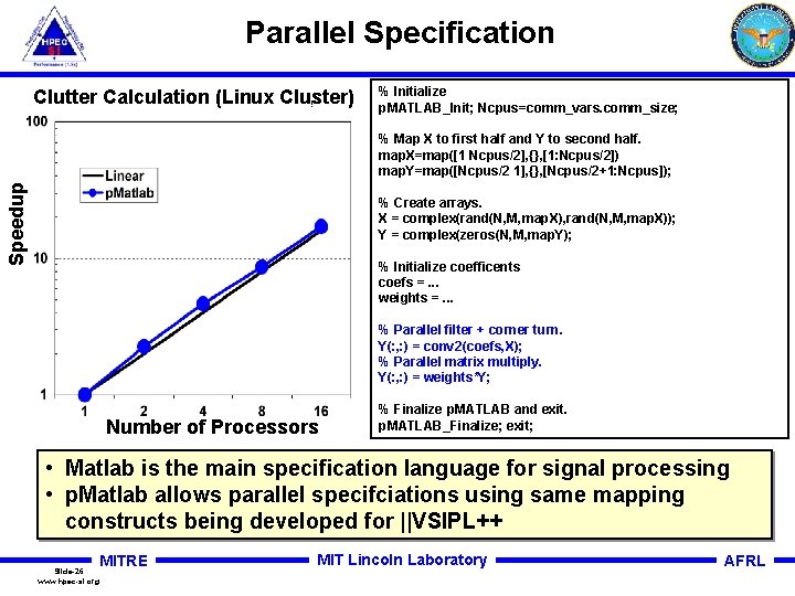 Parallel Specification Clutter Calculation (Linux Cluster) Parallel performance % Initialize p. MATLAB_Init; Ncpus=comm_vars. comm_size;