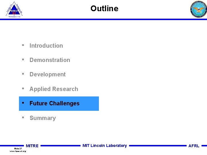 Outline • Introduction • Demonstration • Development • Applied Research • Future Challenges •