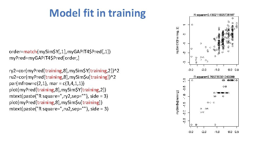 Model fit in training order=match(my. Sim$Y[, 1], my. GAPIT 4$Pred[, 1]) my. Pred=my. GAPIT