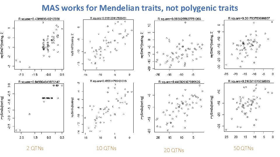 MAS works for Mendelian traits, not polygenic traits 2 QTNs 10 QTNs 20 QTNs