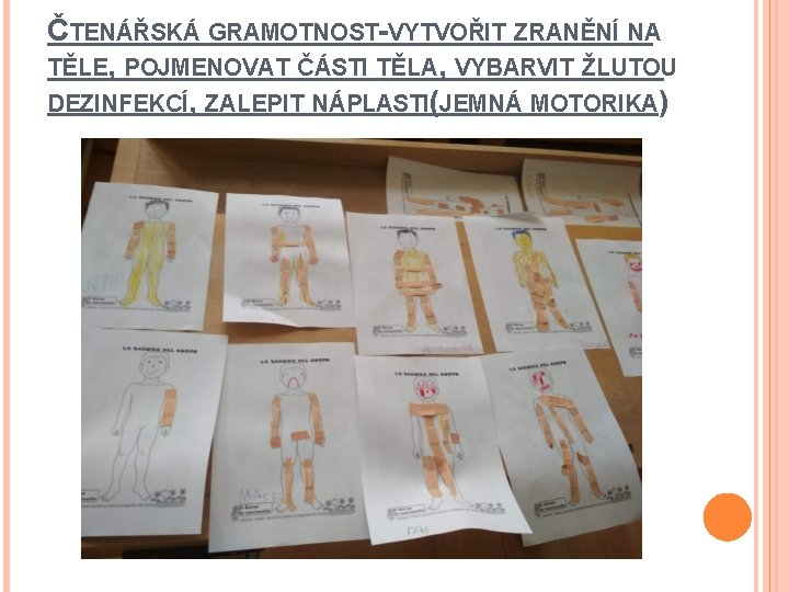 ČTENÁŘSKÁ GRAMOTNOST-VYTVOŘIT ZRANĚNÍ NA TĚLE, POJMENOVAT ČÁSTI TĚLA, VYBARVIT ŽLUTOU DEZINFEKCÍ, ZALEPIT NÁPLASTI(JEMNÁ MOTORIKA)