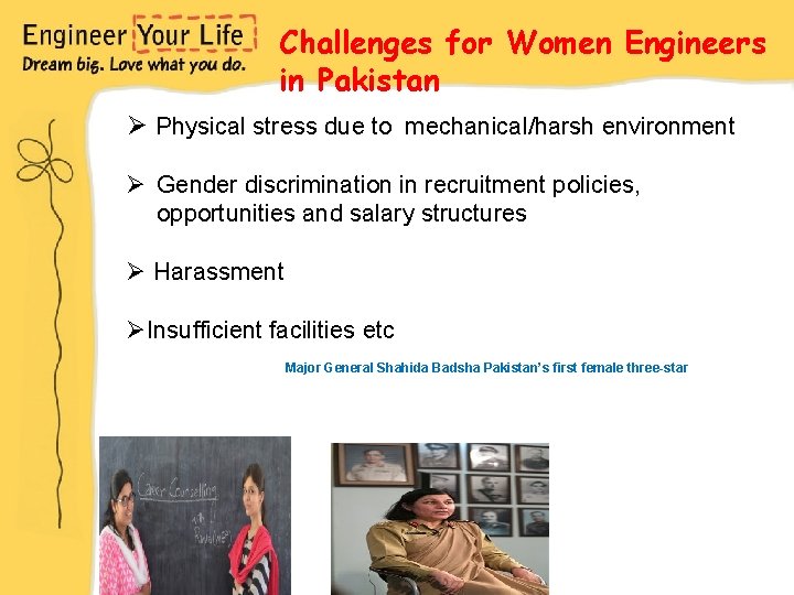 Challenges for Women Engineers in Pakistan Ø Physical stress due to mechanical/harsh environment Ø