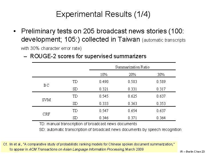 Experimental Results (1/4) • Preliminary tests on 205 broadcast news stories (100: development; 105: