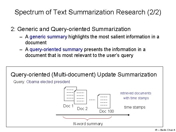 Spectrum of Text Summarization Research (2/2) 2: Generic and Query-oriented Summarization – A generic