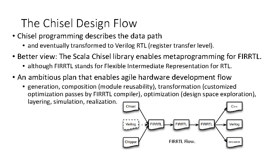 The Chisel Design Flow • Chisel programming describes the data path • and eventually