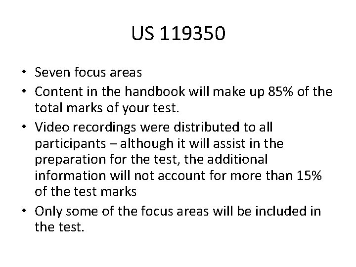 US 119350 • Seven focus areas • Content in the handbook will make up