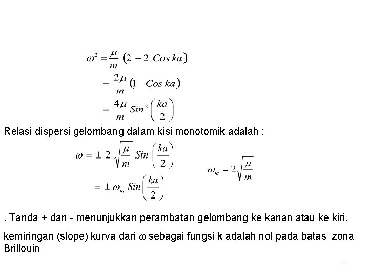 Relasi dispersi gelombang dalam kisi monotomik adalah : . Tanda + dan - menunjukkan