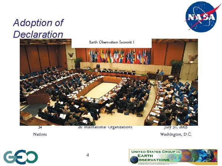 Adoption of Declaration 34 Nations Earth Observation Summit I 20 International Organizations 4 July