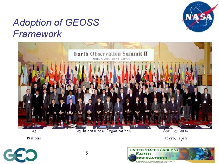 Adoption of GEOSS Framework 43 Nations 25 International Organizations 5 April 25, 2004 Tokyo,