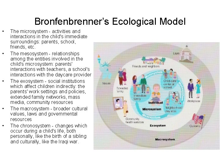 Bronfenbrenner’s Ecological Model • • • The microsystem - activities and interactions in the