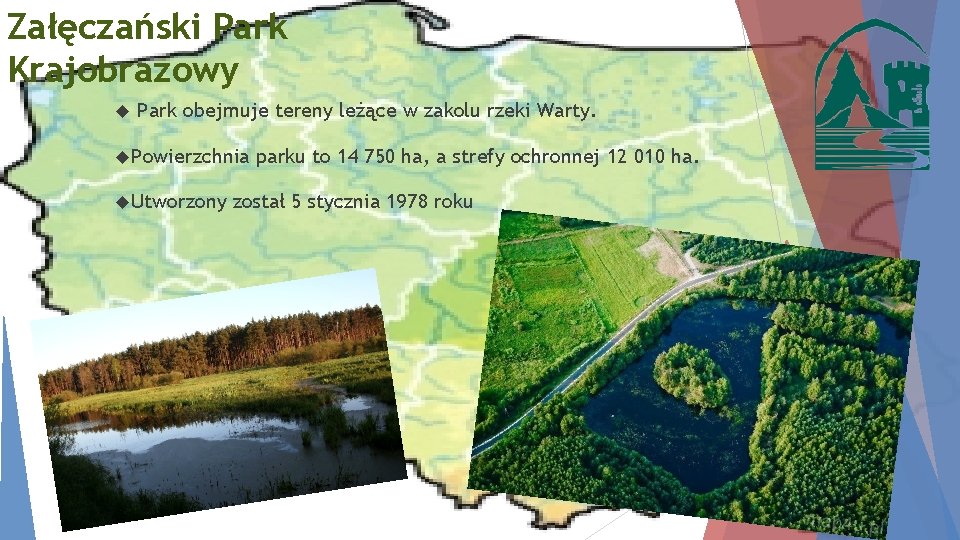 Załęczański Park Krajobrazowy Park obejmuje tereny leżące w zakolu rzeki Warty. Powierzchnia Utworzony parku