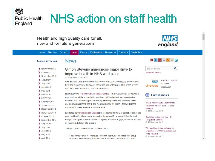 NHS action on staff health 