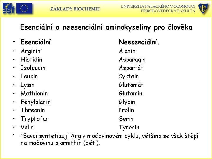 Esenciální a neesenciální aminokyseliny pro člověka • Esenciální • • • Neesenciální. Arginina Alanin