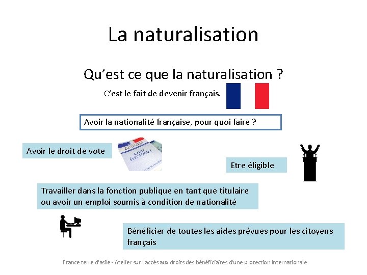 La naturalisation Qu’est ce que la naturalisation ? C’est le fait de devenir français.