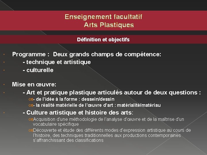 Enseignement facultatif Arts Plastiques Définition et objectifs Programme : Deux grands champs de compétence: