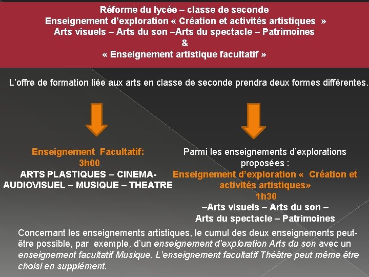 Réforme du lycée – classe de seconde Enseignement d’exploration « Création et activités artistiques