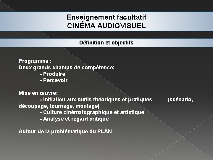 Enseignement facultatif CINÉMA AUDIOVISUEL Définition et objectifs Programme : Deux grands champs de compétence: