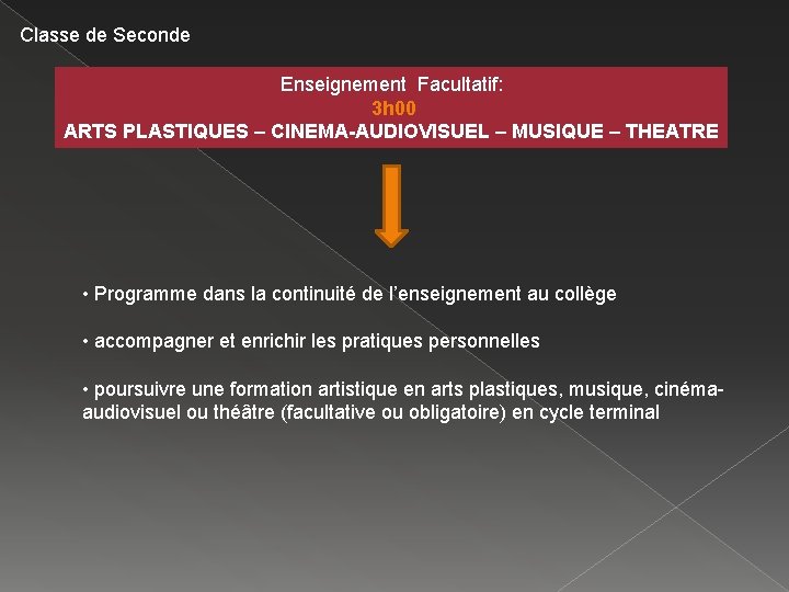 Classe de Seconde Enseignement Facultatif: 3 h 00 ARTS PLASTIQUES – CINEMA-AUDIOVISUEL – MUSIQUE