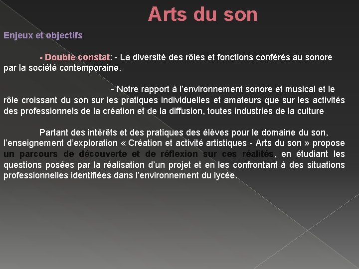 Arts du son Enjeux et objectifs - Double constat: - La diversité des rôles