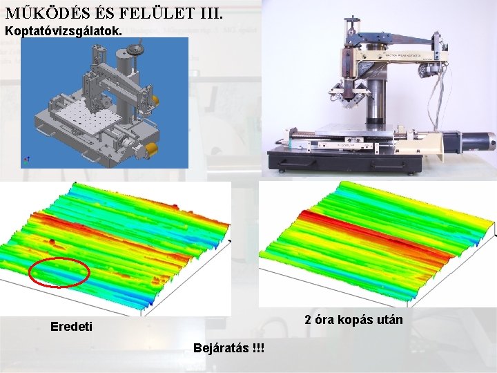 MŰKÖDÉS ÉS FELÜLET III. Koptatóvizsgálatok. 2 óra kopás után Eredeti Bejáratás !!! 