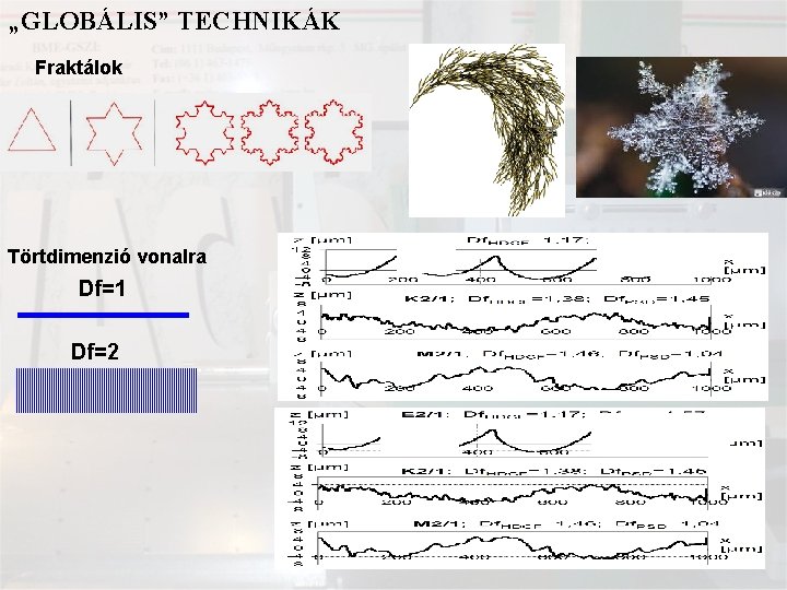 „GLOBÁLIS” TECHNIKÁK Fraktálok Törtdimenzió vonalra Df=1 Df=2 