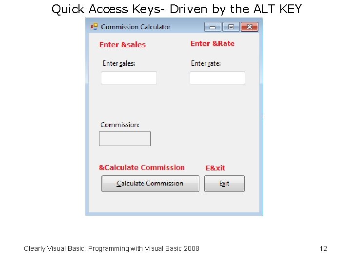 Quick Access Keys- Driven by the ALT KEY Clearly Visual Basic: Programming with Visual